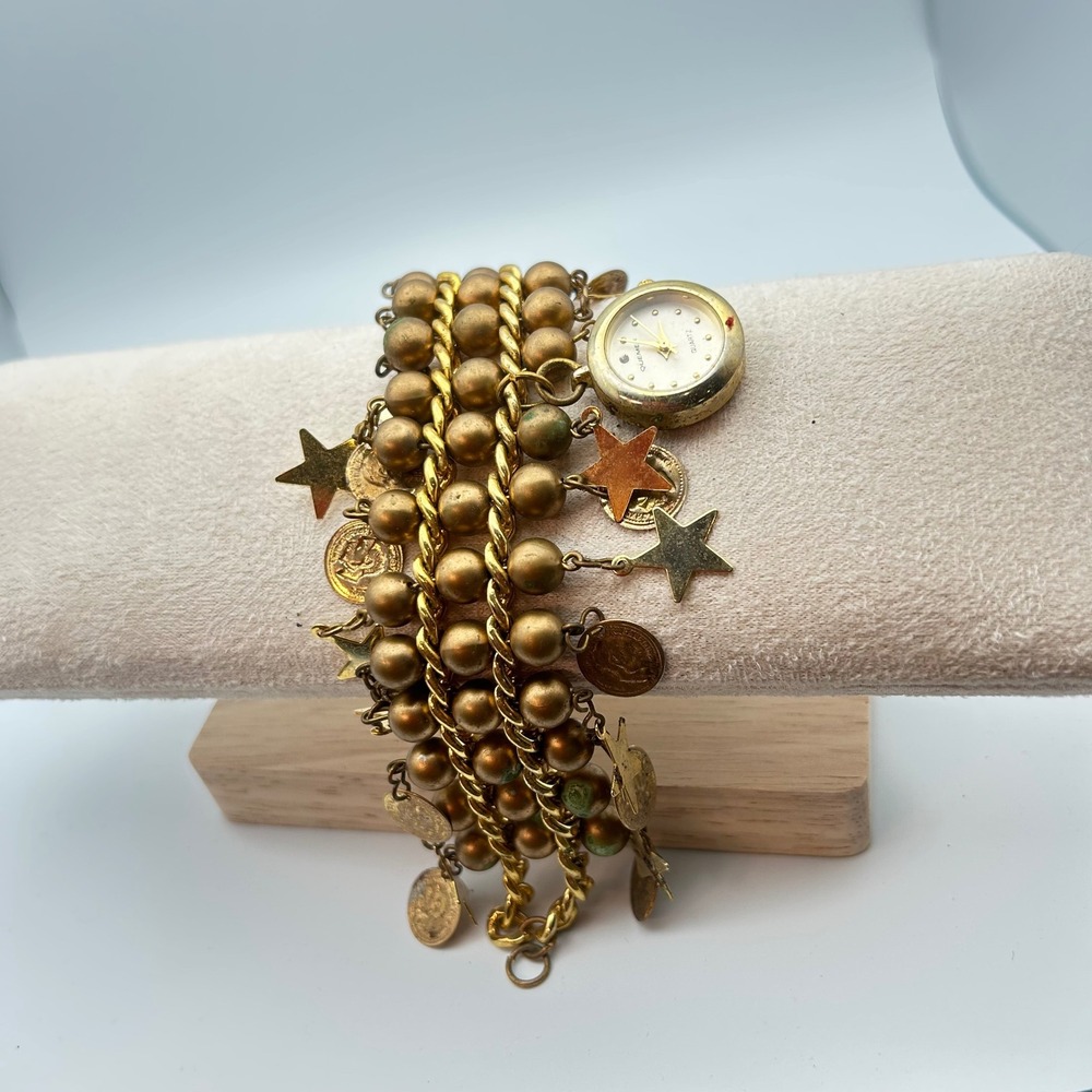 Vintage Enmex Quartz Charm Bracelet Watch – Gold Tone Stars & Coins Boho - Picture 13 of 13